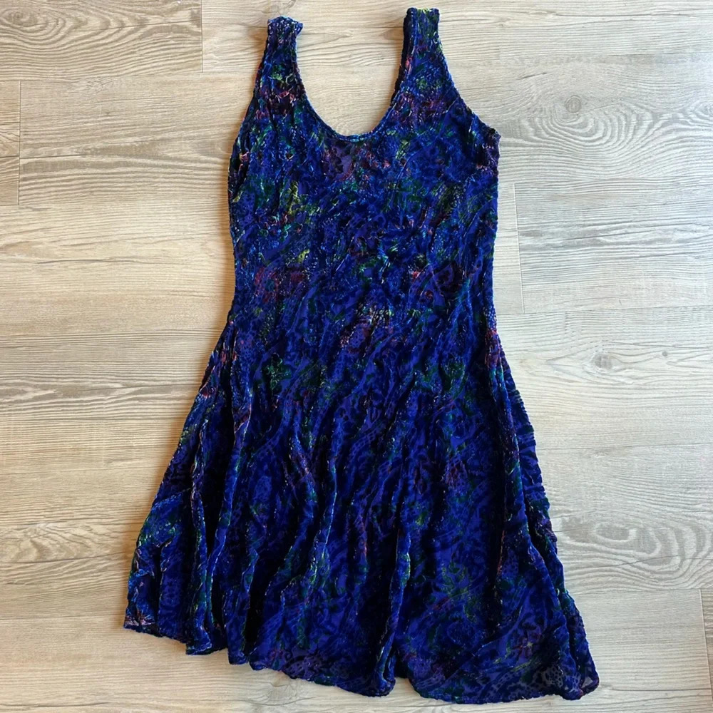 Lasoie Vintage Asymmetrical Blue Velvet patterned dress size small silk - Picture 1 of 7